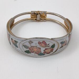 1980s White Enamel Cloisonné Bangle Bracelet - Butterfly Floral Gold Tone